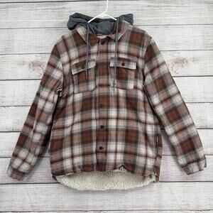 Levis Jacket Mens Large Brown Plaid Sherpa Lined Button Up Hooded Flannel Coat